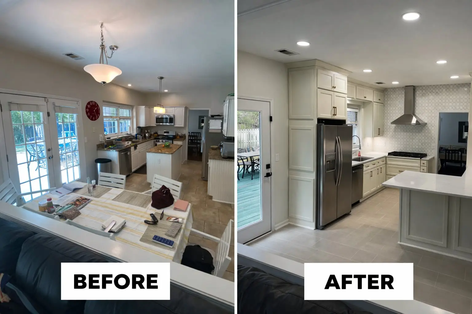 Before and after of a kitchen remodel: dated granite and tile, then cream shaker cabinets and a geometric tile backsplash