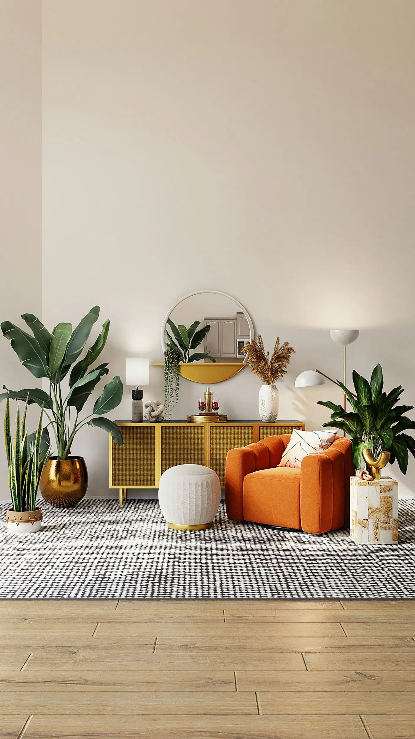 Modern living room with orange accent chair, rattan console table, indoor plants, and neutral decor with round mirror