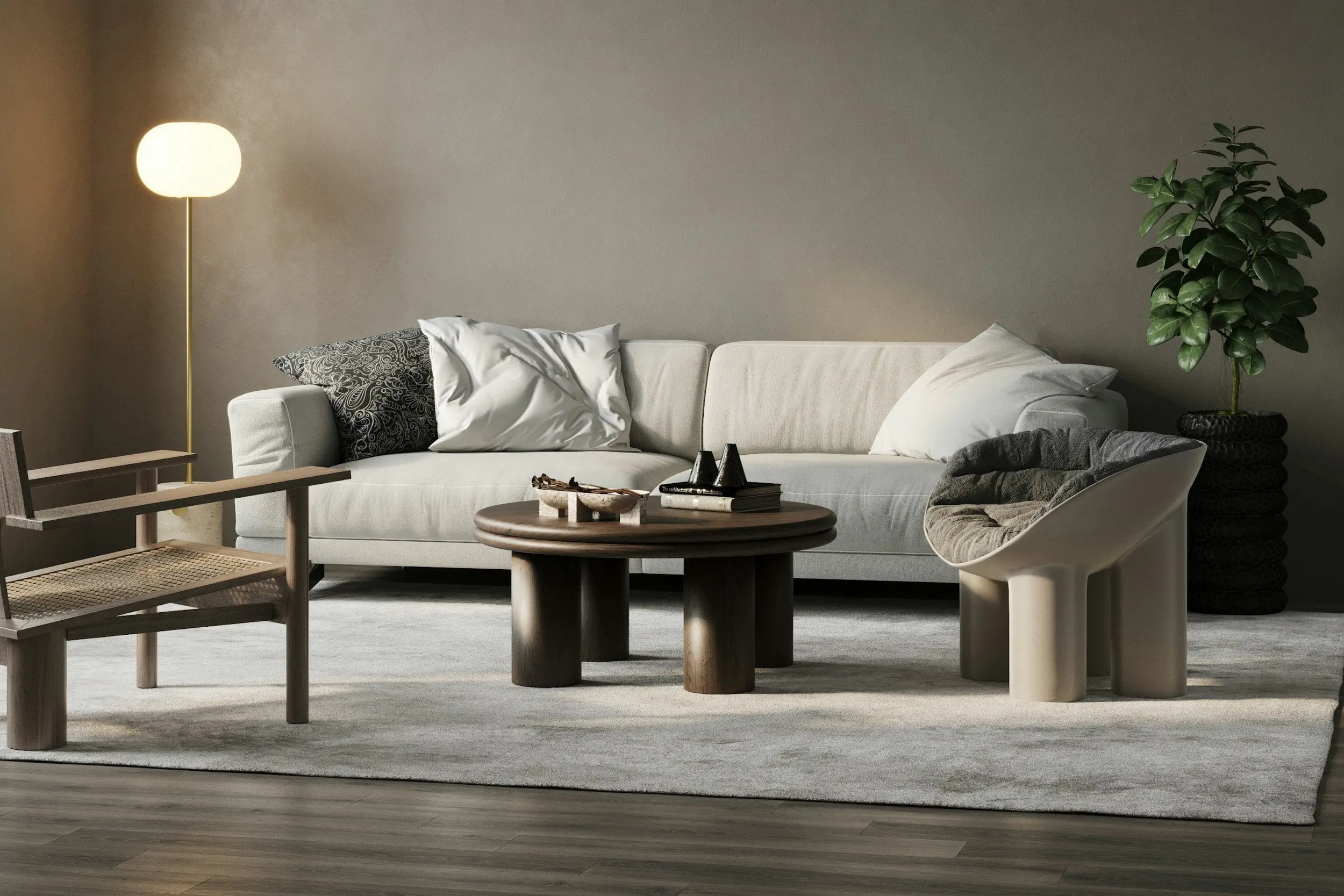 Refined living room with a soft neutral sofa, sculptural coffee table, and layered textures in a warm, minimalist setting.